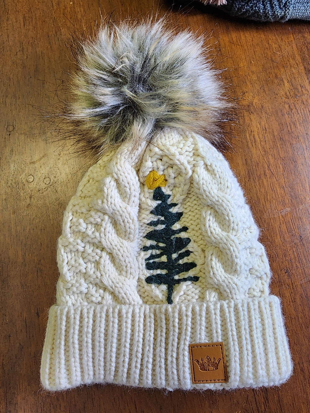 Panache Cream Knit Pom Beanie with Tree Accent - Adults